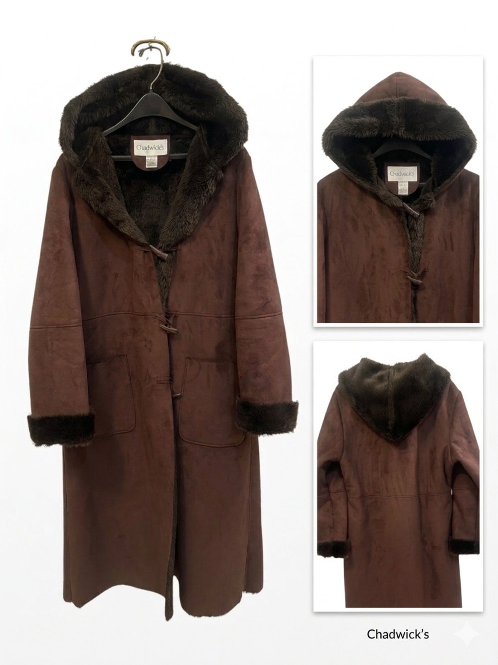 Chadwick’s Y2K Faux Suede & Shearling Full Length Hooded Coat Brown Size Large